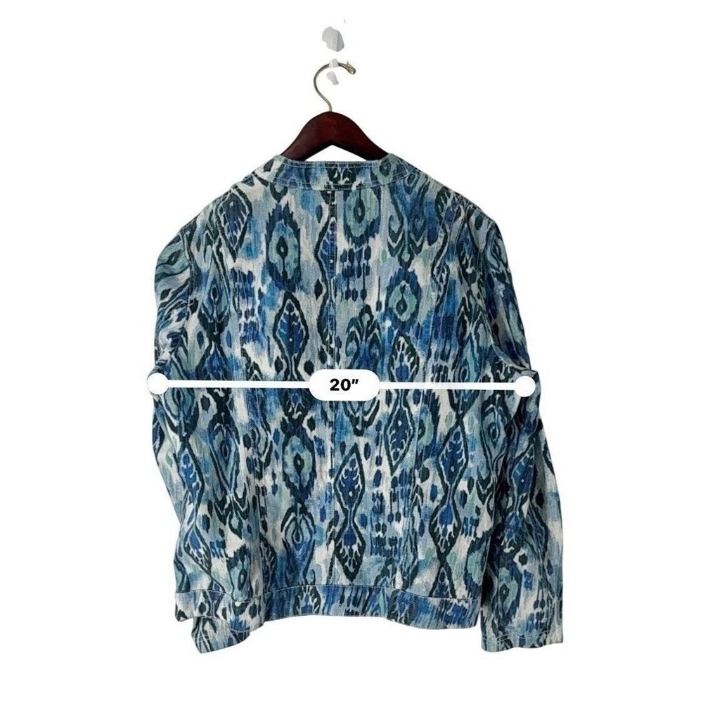 Chico's L Blue Ikat Print Zip Front Linen Cotton Blend Jacket Women's Size 2 - Picture 4 of 7